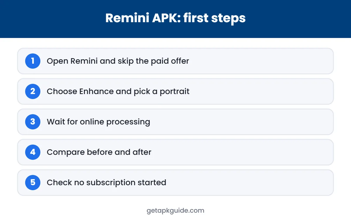First steps to enhance a photo with the Remini app
