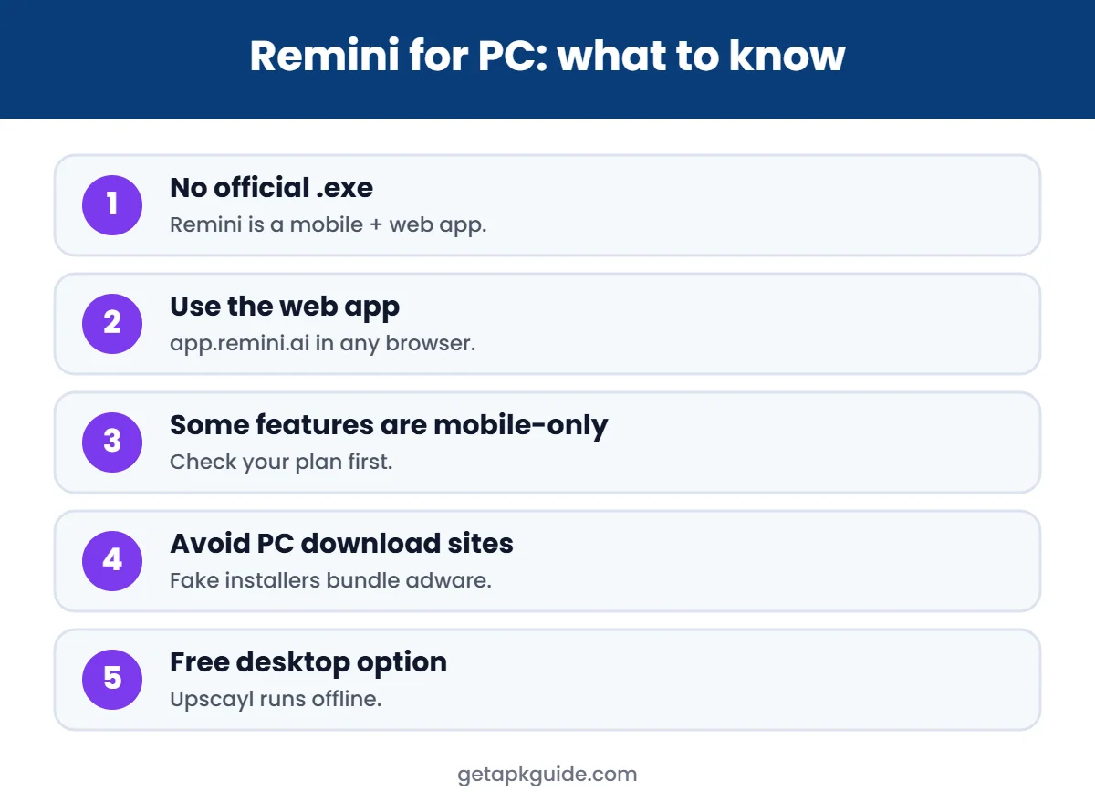 Remini for PC key facts infographic
