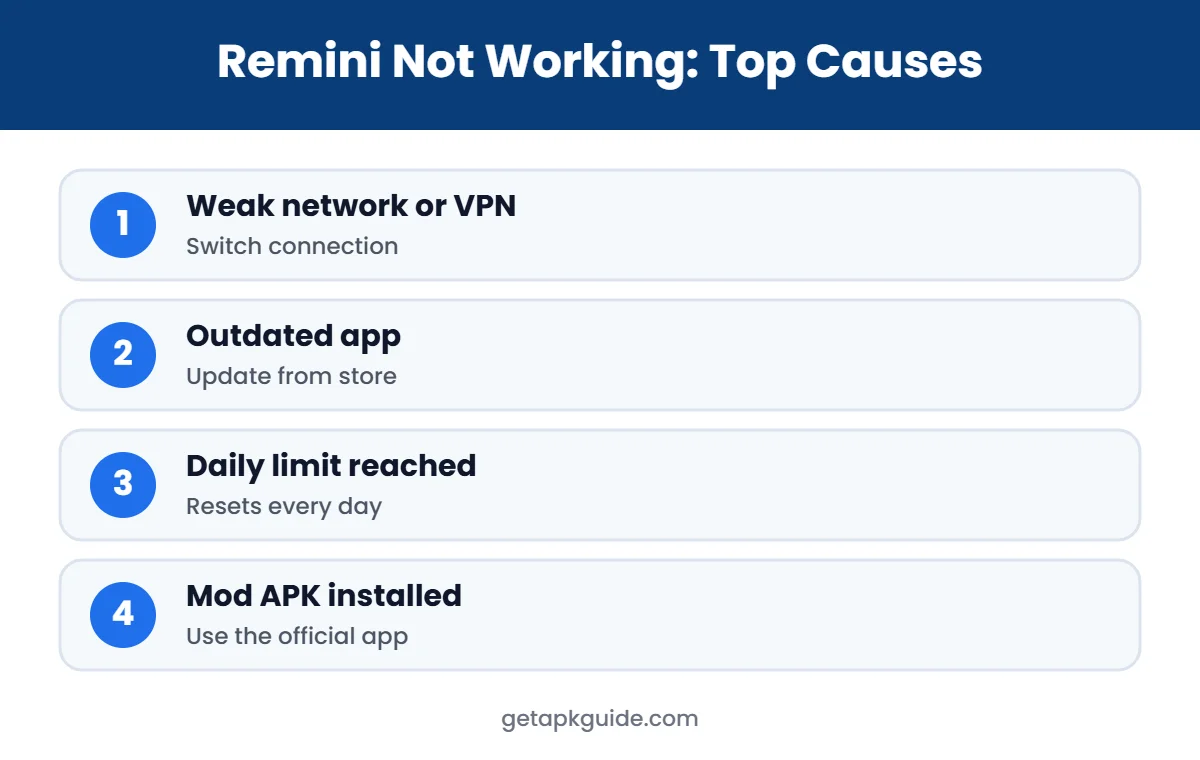 Remini not working causes infographic